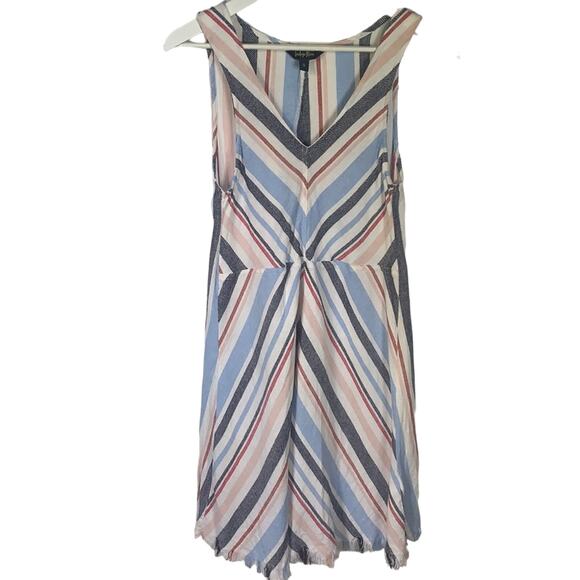 Boho Beachy Bohemian Linen Raw Hem Sleeveless V-neck Stripe Dress W-670 Size S - Picture 1 of 8